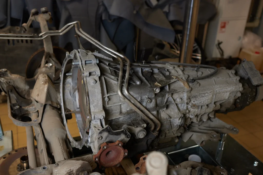 Automatic transmission assembly on a workbench during repair in Woodbridge, Ontario
