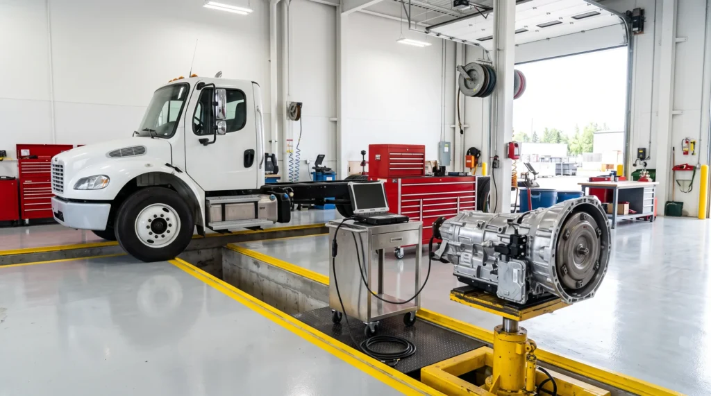 Commercial truck in a service bay with its automated manual transmission on a transmission jack