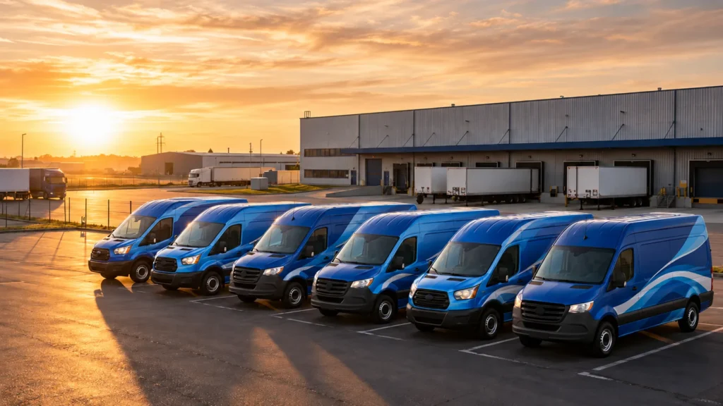 Lineup of blue commercial work vans parked at a fleet depot