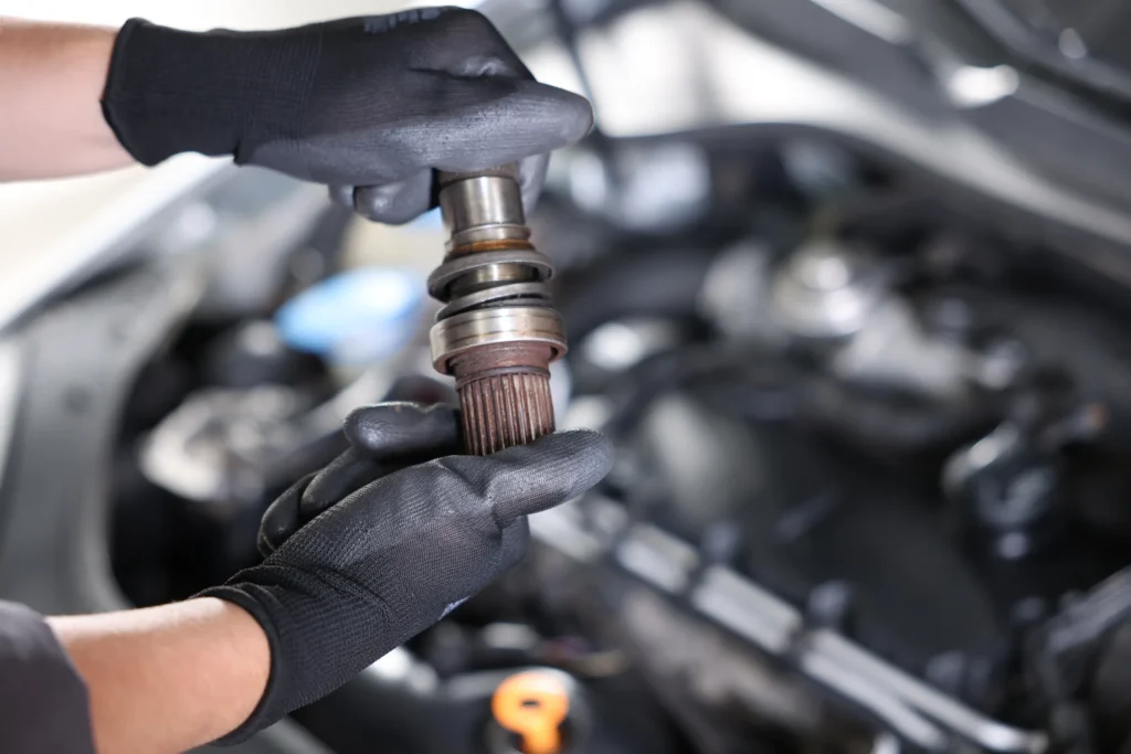 Technician holding a drive shaft during driveline repair