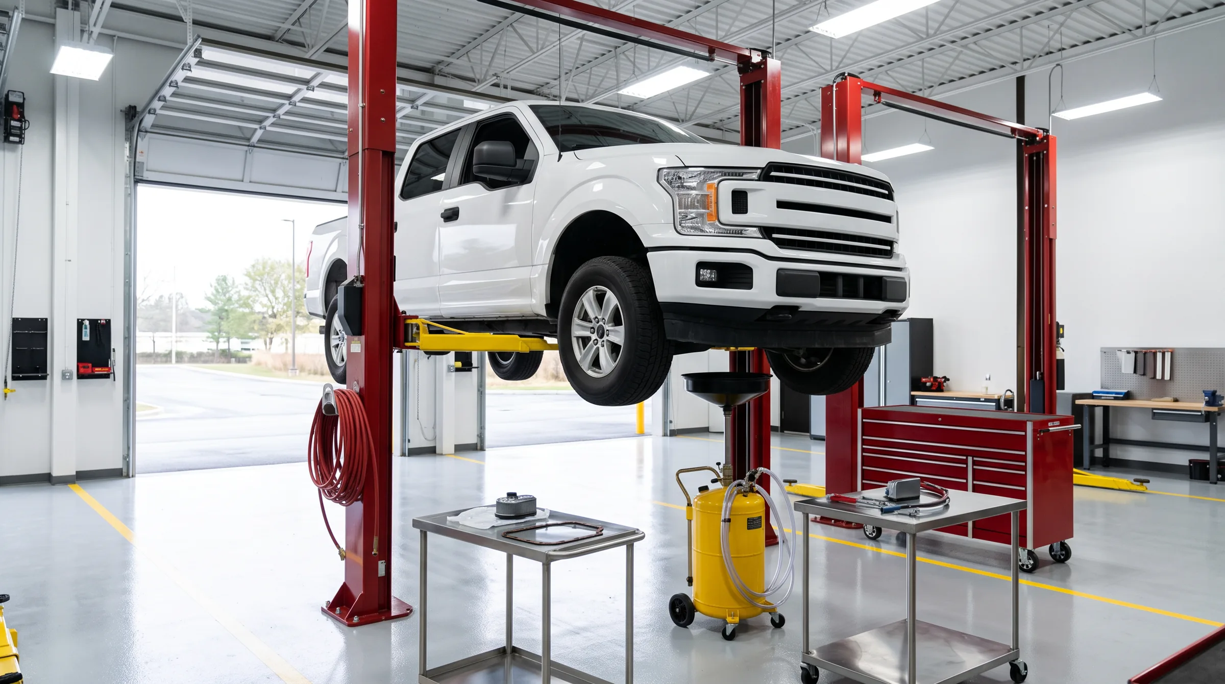 Ford F-150 pickup on a lift in a clean service bay for transmission fluid maintenance