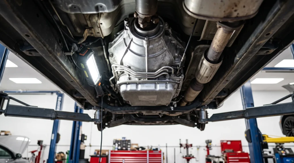 Underside of a pickup truck on a lift showing the automatic transmission under an inspection light