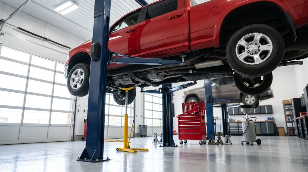 Red pickup truck on a lift with a transmission jack underneath for transmission repair